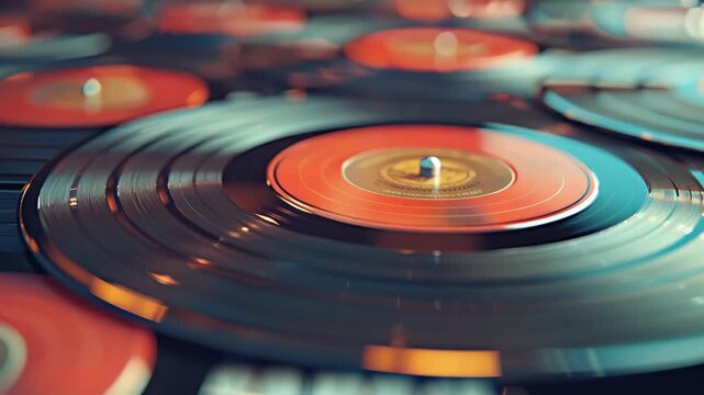 A close-up view of a stack of vinyl records. 