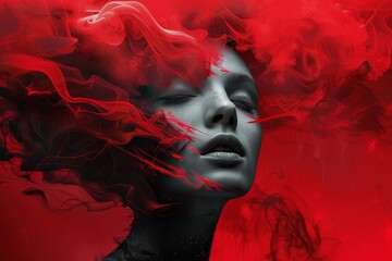 A womans face covered in vivid red smoke, creating a surreal and striking visual, Generate a surrealistic artwork with a striking red backdrop
