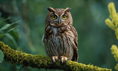 Brown owl perching on moss-covered branch