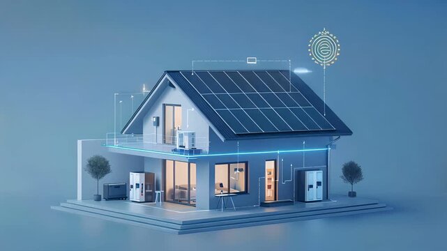 A futuristic smart home with solar panels on the roof, surrounded by glowing icons representing energy efficiency.