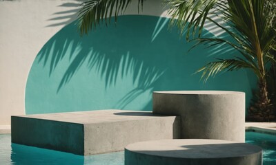 Obraz premium Concrete podiums placed in pool with palm tree shadows on teal wall