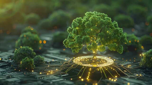 A glowing tree stands tall over a circuit board, representing the intersection of nature and technology.
