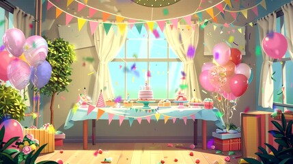 A neatly arranged simple birthday party room. Looping 4k video animation background