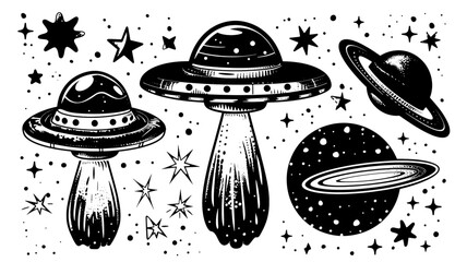 Ufo vintage doodle linocut set, separated black vector logo elements on transparent background