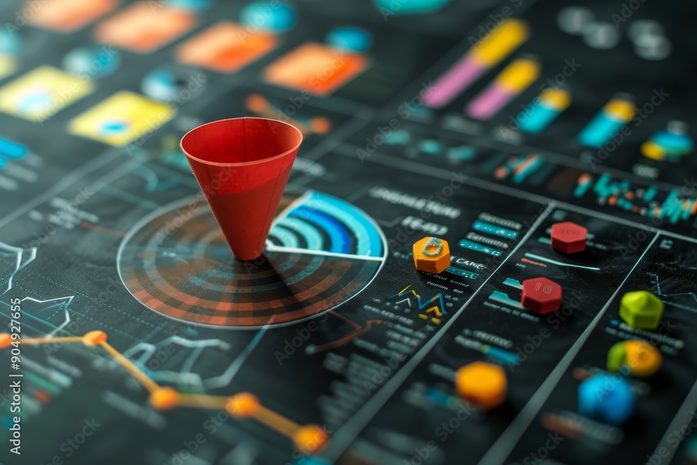 Poster a red cone placed on top of a graph, illustrating data visualization and analysis, generate a visual