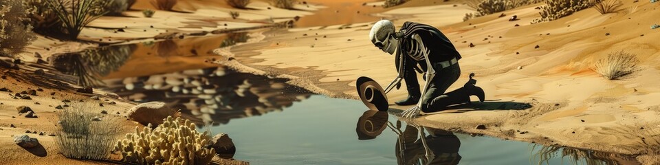 Obraz premium A skeleton cowboy kneeling by a small desert stream, cowboy hat in hand, reflecting on his own reflection in the water, surrounded by desert flora