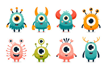 Set of cartoon monsters flat illustration for children room decor, book illustrations. Vector collection of cute character for children books, games, interactive learning materials