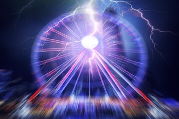 Fototapeta premium A bright, colorful abstract image of a ferris wheel with lightning strikes against a dark, stormy sky.