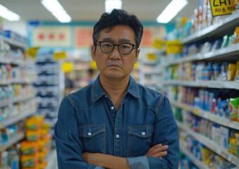 Naklejka premium A man in a grocery store with arms crossed and looking at the camera. AI.