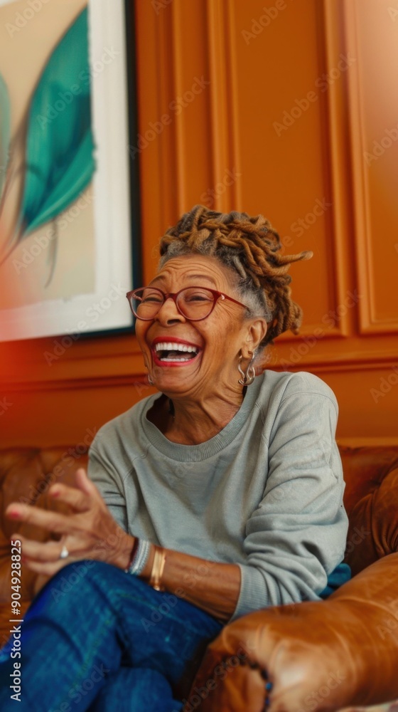 Canvas Prints A woman with dreads sitting on a couch laughing. AI.