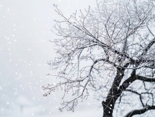 Winter network  frost covered tree entwined in abstract connections amidst snowy setting