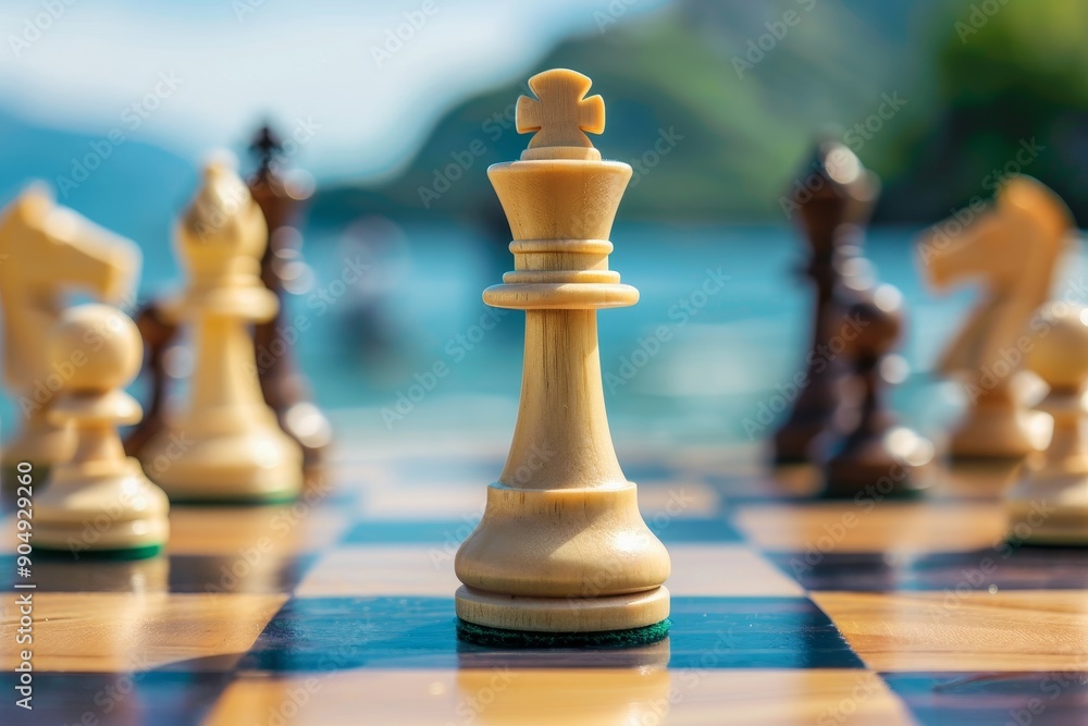 Poster chess pieces strategically positioned on chess board with lake background, generate an image that sh