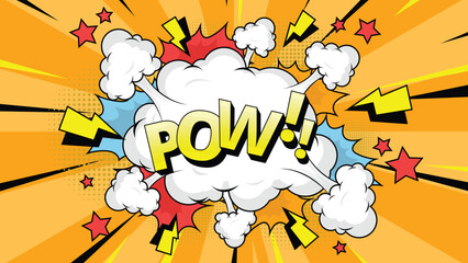 speech bubble illustration with text Pow!, vintage pop art halftone colorful background