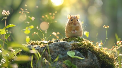 Curious Hamster Exploring a Stone in Vibrant Grass with Sunlight Filtering Through in a Natural Setting