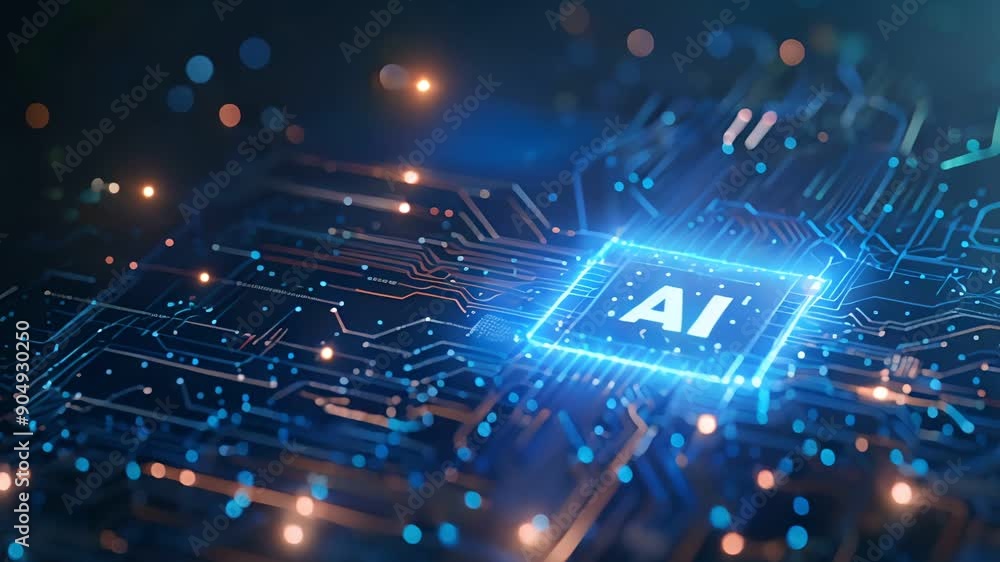 Poster a glowing ai logo is displayed on a futuristic circuit board, symbolizing artificial intelligence an