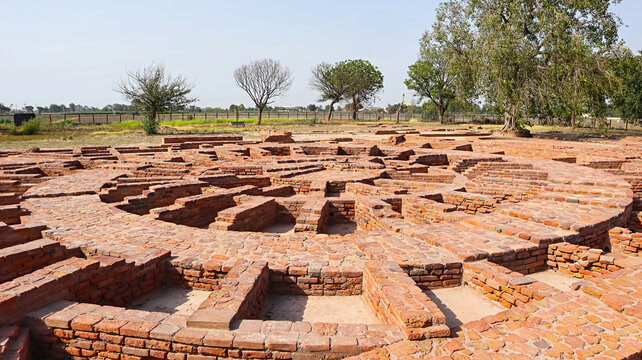 Ruins of the ancient Sanghol Buddhist stupa, built during the 4th-5th century of the Gupta period, Sanghol, Fatehgarh Sahib, Punjab, India.