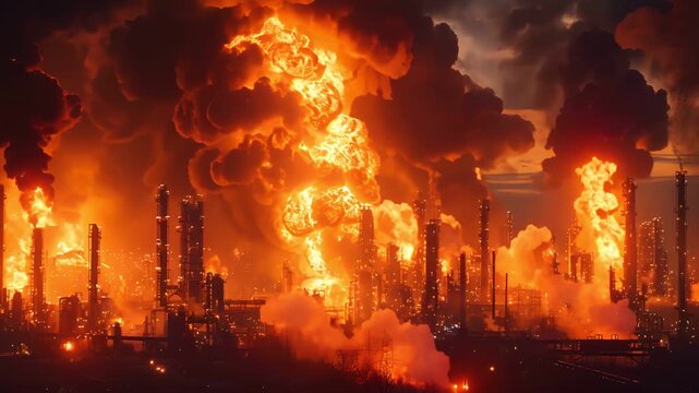 A large fire engulfs an industrial complex, billowing smoke and flames into the night sky.