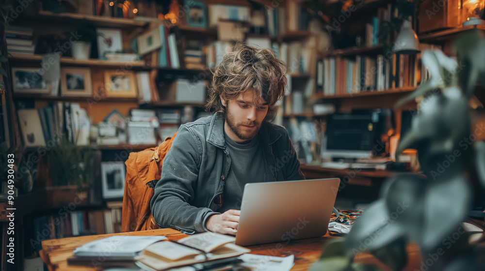 Poster a man is sitting at a desk with a laptop open in front of him. he is surrounded by books and a backp