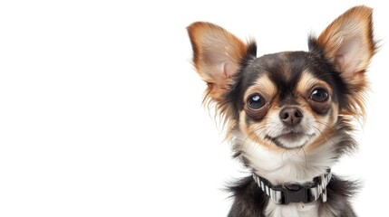 Young chihuahua with silver collar on white backdrop