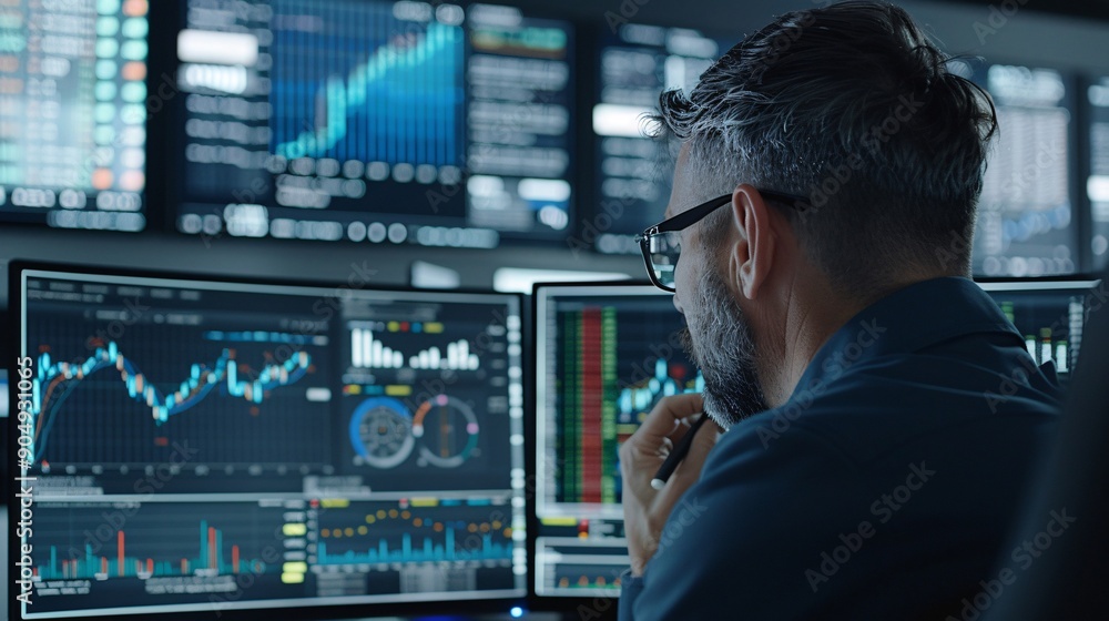 Poster a financial analyst reviews charts and graphs displaying economic cycles and investment returns on a