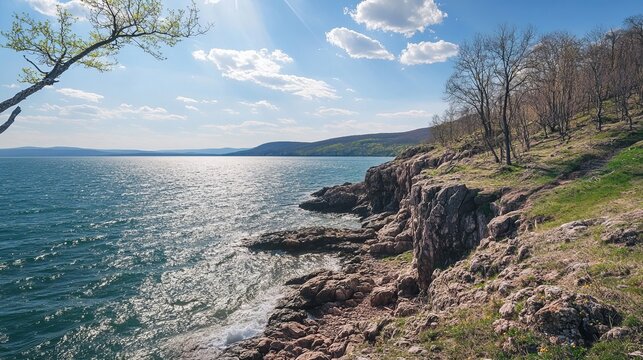 A seashore on a sunny spring day in Artem, Primorye, Russia.