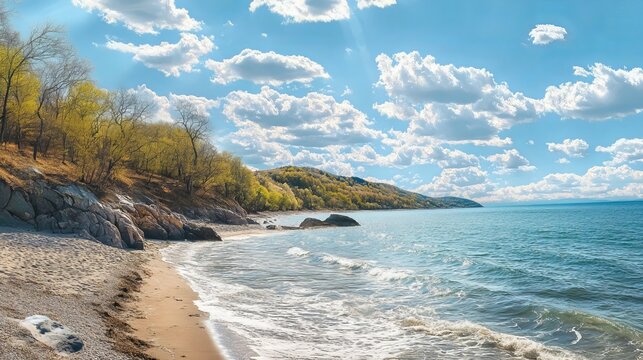 A seashore on a sunny spring day in Artem, Primorye, Russia.