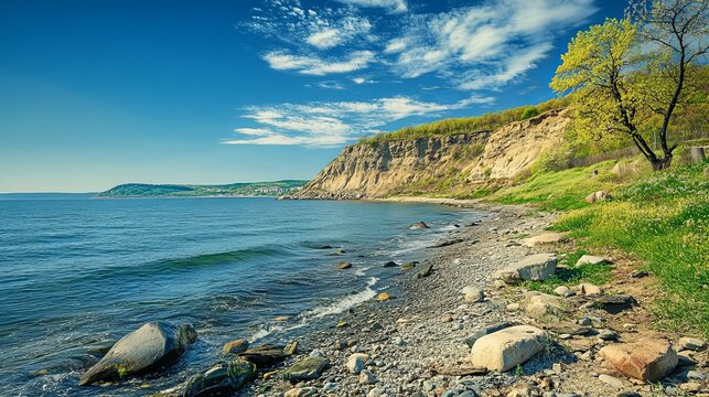 A seashore on a sunny spring day in Artem, Primorye, Russia.
