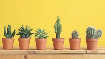 set of potted cactus flowers on yellow background