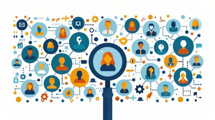 Obraz premium Hrm Or Human Resource Management. Magnifier Glass Focus To Manager Icon Which Is Among Staff Icons For Human Development Recruitment Leadership And Customer Target