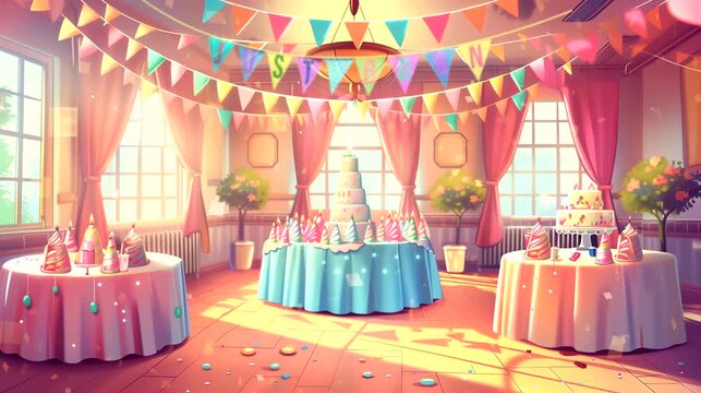 A neatly arranged simple birthday party room. Looping 4k video animation background