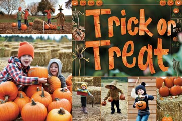 Pumpkin Patch Collage: Pictures of a pumpkin patch with children picking pumpkins, hay bales, and scarecrows. The text "Trick or Treat" in a rustic, harvest-themed font.