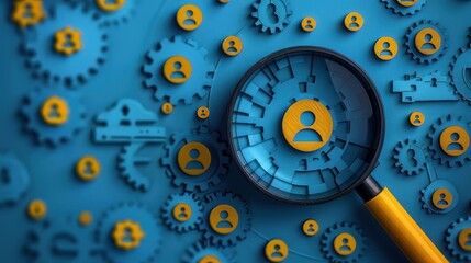 Fototapeta premium Hrm Or Human Resource Management. Magnifier Glass Focus To Manager Icon Which Is Among Staff Icons For Human Development Recruitment Leadership And Customer Target