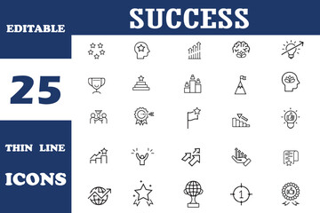 Success and Growth Editable Thin Line Icons set. Success related icons: personal, professional, and financial growth, progress, career. Vector illustration