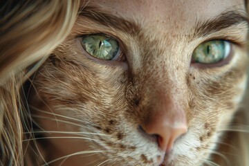 The green eyes of a werecat, half-woman half-cat. AI.