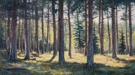 Fototapeta premium A forest of pine trees during the summer.