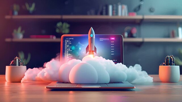 A glowing rocket ship launches from a laptop screen, symbolizing business growth and innovation.