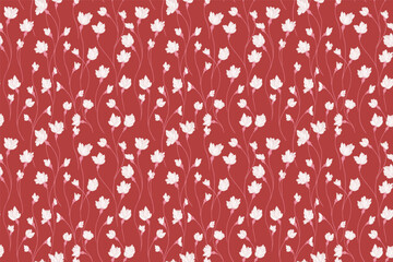 Creative florals stems pattern on a terracotta   background. Abstract artistic branches with tiny flowers small buds intertwined in a seamless print. Vector hand drawing. Simple ornament for designs