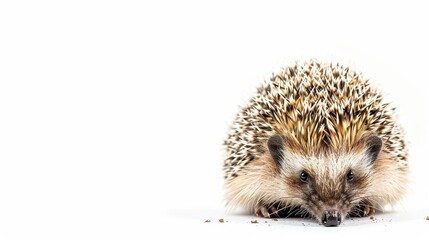 Obraz premium A cute hedgehog on a white background, showcasing its unique spines and charming face, perfect for animal lovers and nature themes.