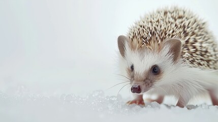 A cute hedgehog exploring a snowy landscape, showcasing its distinctive spines and curious nature.