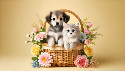 A cute kitten and puppy, facing forward on a pastel yellow background.