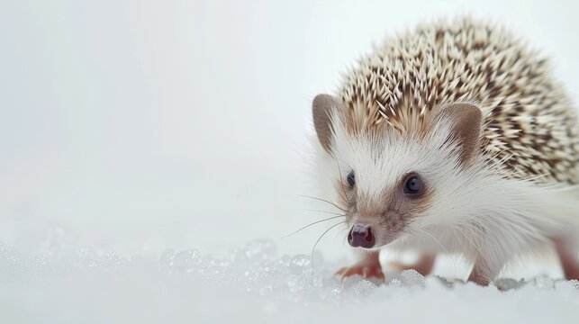 A cute hedgehog exploring a snowy landscape, showcasing its distinctive spines and curious nature.