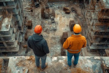 Engineer and construction worker on the top of building