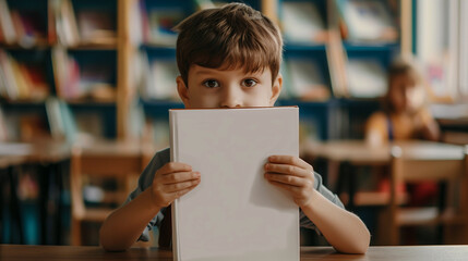 boy in a kindergarten class room hugging a book , clean cover book mockup