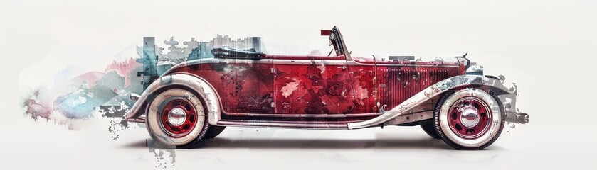 A vintage car captured in an artistic explosion of colors, representing classic design and automotive elegance.