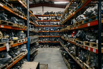 Wide array of car engines and parts in warehouse for auto center inspection and sale