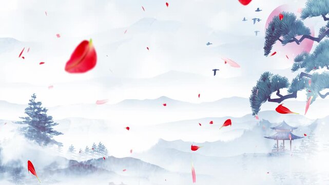 Peaceful nature Traditional Chinese style landscape, clouds, sea, pavilions, pine trees painting ink, Mysterious template China's culture Oriental Digital Art animation,