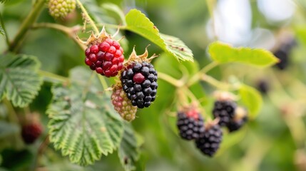 Blackberries on bush with single ripe berry text space