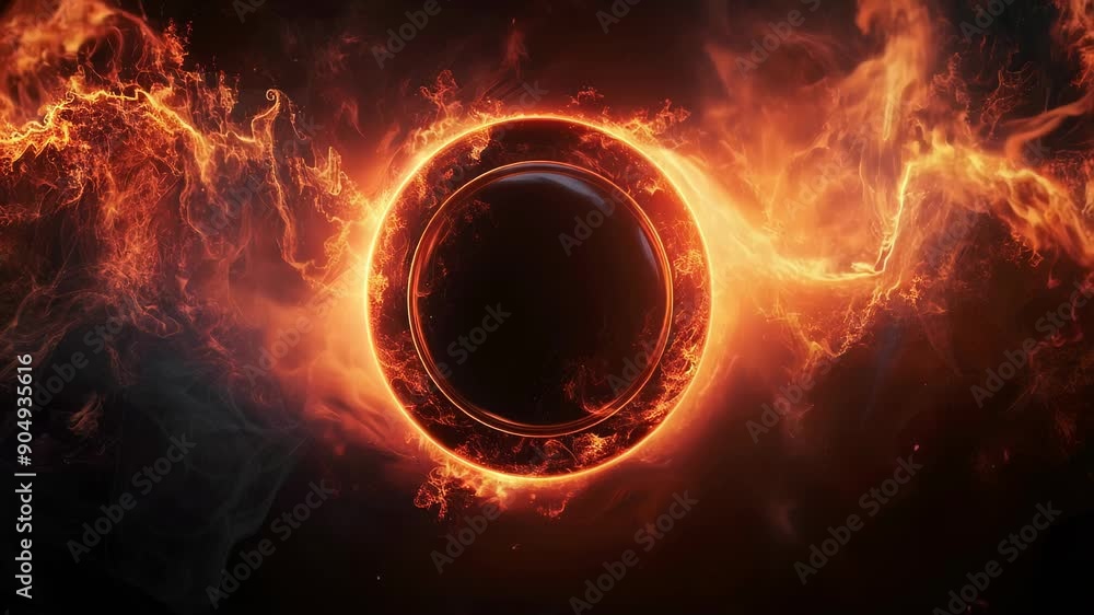 Poster a fiery, circular object in the center of the frame.