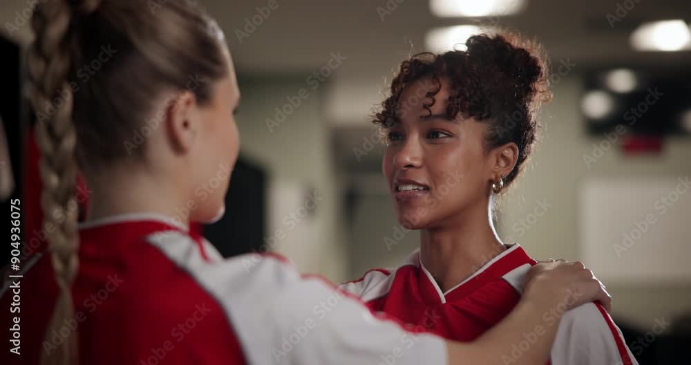 Wall mural Conversation, funny and soccer player women in locker room of venue for game, match or sports. Exercise, fitness and health with football friends speaking for competition, motivation or teamwork