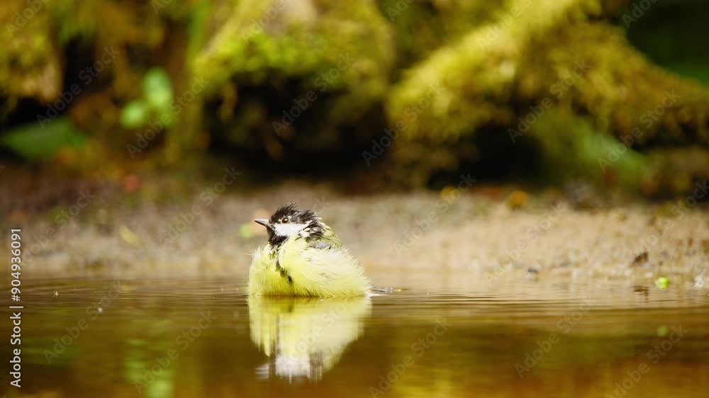 Poster great tit in friesland netherlands pushes head and beak into pool of water with feathers fluffing ar